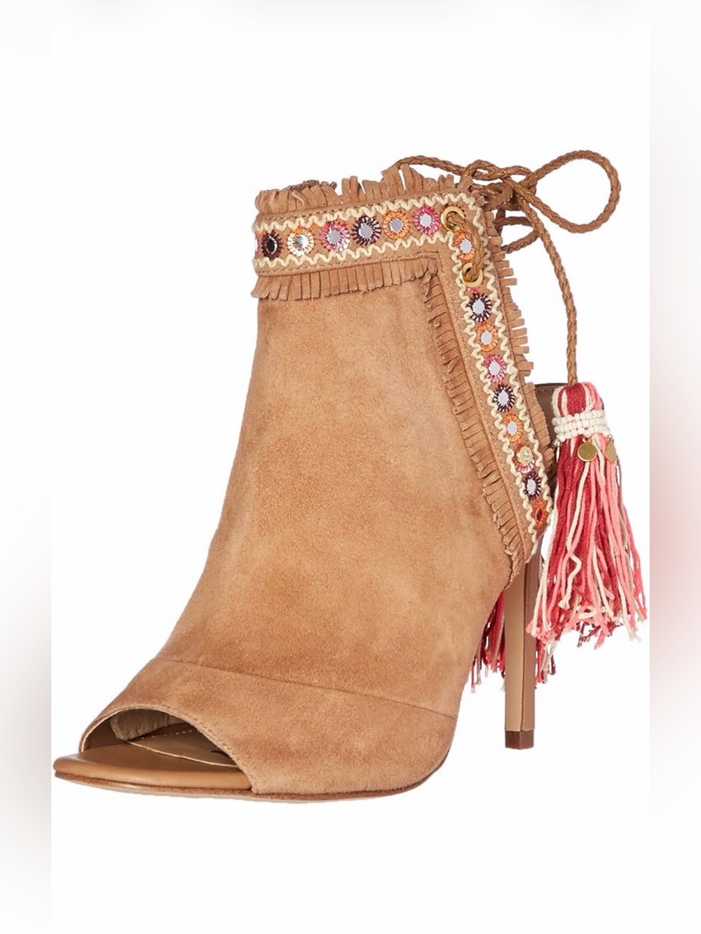 Sam Edelman Artie 2 Camel Suede Leather & Pink Fringe Tassel Heels Sz 8.5